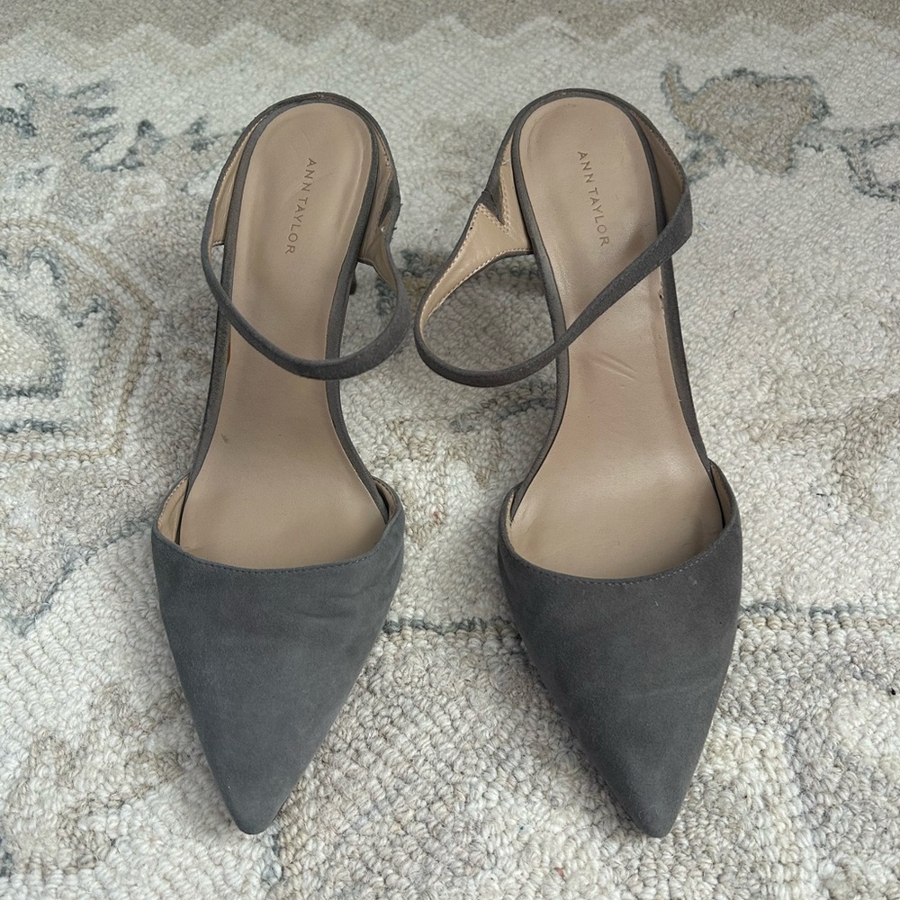 Ann Taylor Gray Suede Heeled Mules